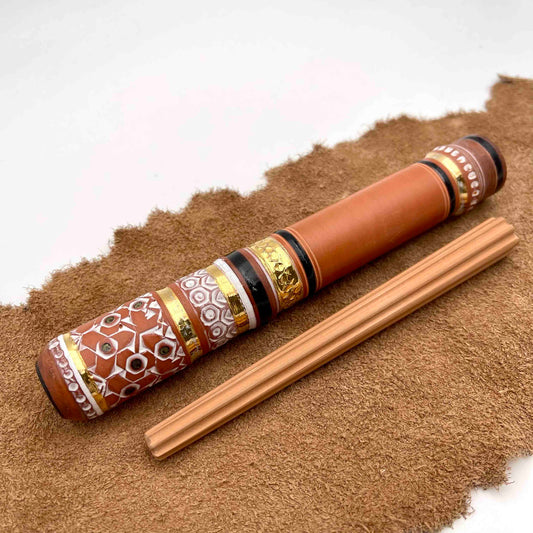 Classic Clay Chillum with Gold Luster and White Hex Print
